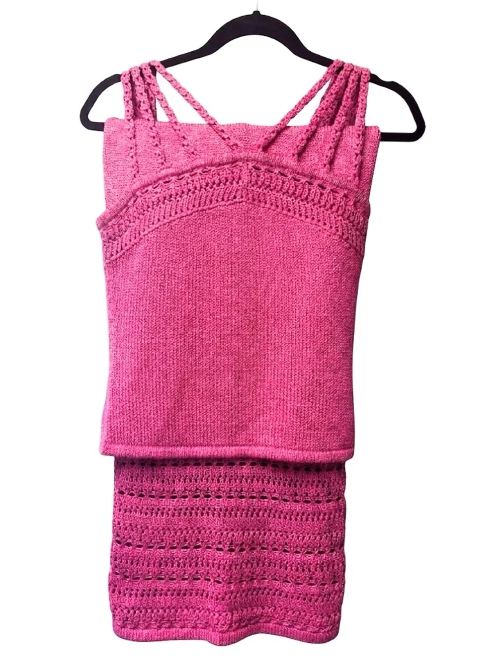 Pink Crochet Knit Tank & Skirt Set - Women Matching Set